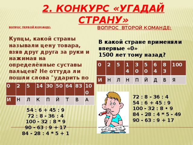 2. Конкурс «Угадай страну»   Вопрос первой команде: Вопрос второй команде: Купцы, какой страны называли цену товара, взяв друг друга за руки и нажимая на определённые суставы пальцев? Не оттуда ли пошли слова 