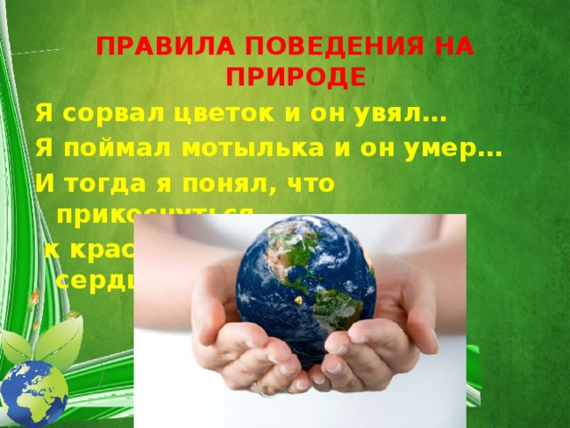 ПРАВИЛА ПОВЕДЕНИЯ НА ПРИРОДЕ Я сорвал цветок и он увял… Я поймал мотылька и он умер… И тогда я понял, что прикоснуться  к красоте можно только сердцем… 