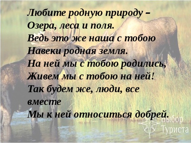 Любите родную природу –  Озера, леса и поля.  Ведь это же наша с тобою    Навеки родная земля.  На ней мы с тобою родились,  Живем мы с тобою на ней!  Так будем же, люди, все вместе  Мы к ней относиться добрей. 