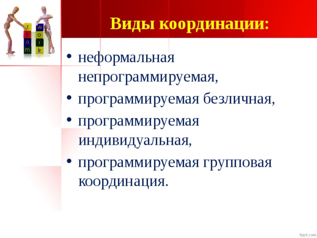 Виды координации: неформальная непрограммируемая, программируемая безличная, программируемая индивидуальная, программируемая групповая координация. 