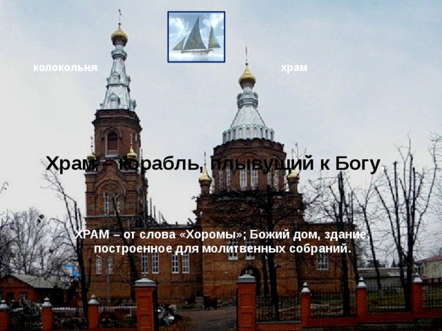 колокольня храм Храм – корабль, плывущий к Богу . ХРАМ – от слова «Хоромы»; Божий дом, здание, построенное для молитвенных собраний.  