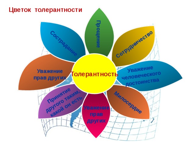 Сотрудничество Прощение Сострадание Уважение человеческого достоинства Принятие другого таким, какой он есть Милосердие Цветок толерантности Толерантность Уважение прав других Уважение прав других 