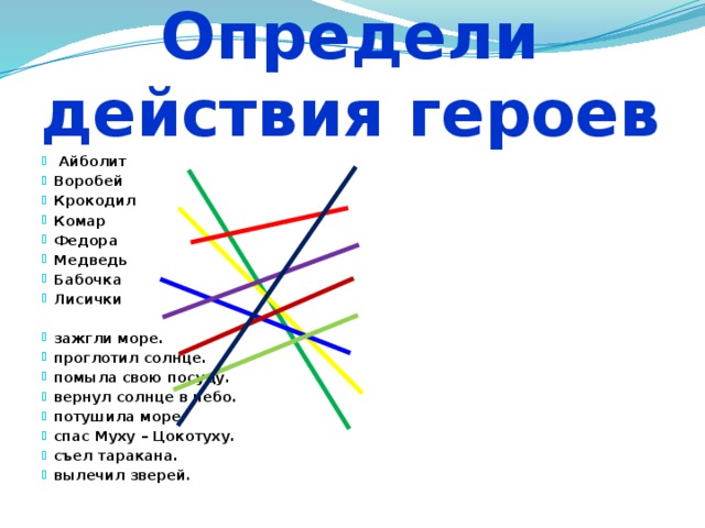 Определи действия героев  Айболит Воробей Крокодил Комар Федора Медведь Бабочка Лисички  зажгли море. проглотил солнце. помыла свою посуду. вернул солнце в небо. потушила море. спас Муху – Цокотуху. съел таракана. вылечил зверей . 