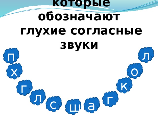 Назовите буквы,  которые обозначают  глухие согласные звуки л п о х к г л г с а ш 