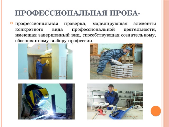 Профессиональная проба-   профессиональная проверка, моделирующая элементы конкретного вида профессиональной деятельности, имеющая завершенный вид, способствующая сознательному, обоснованному выбору профессии. 