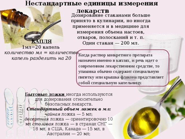 Нестандартные единицы измерения лекарств Дозирование стаканами больше принято в кулинарии, но иногда применяется и в медицине для измерения объема настоев, отваров, полосканий и т. п. Один стакан — 200 мл. КАПЛЯ 1мл=20 капель количество мл = количество капель разделить на 20 Когда раствор конкретного препарата назначен именно в каплях, и речь идет о современном лекарственном средстве, то упаковка обычно содержит специальную пипетку или крышка флакона представляет собой специальную капельницу. Бытовые ложки иногда используются для дозирования относительно безопасных лекарств. Стандартный   объем ложек в мл: чайная  ложка — 5 мл; десертная  ложка — ориентировочно 10 мл столовая  ложка — в странах СНГ — 18 мл, в США, Канаде — 15 мл, в Австралии — 20 мл; 