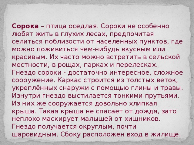 Сорока – птица оседлая. Сороки не особенно любят жить в глухих лесах, предпочитая селиться поблизости от населённых пунктов, где можно поживиться чем-нибудь вкусным или красивым. Их часто можно встретить в сельской местности, в рощах, парках и перелесках. Гнездо сороки - достаточно интересное, сложное сооружение. Каркас строится из толстых веток, укреплённых снаружи с помощью глины и травы. Изнутри гнездо выстилается тонкими прутьями. Из них же сооружается довольно хлипкая крыша. Такая крыша не спасает от дождя, зато неплохо маскирует малышей от хищников. Гнездо получается округлым, почти шаровидным. Сбоку расположен вход в жилище. 