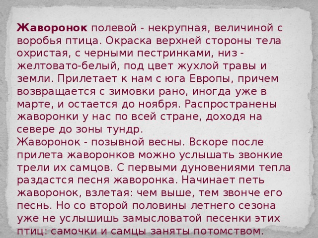Жаворонок полевой - некрупная, величиной с воробья птица. Окраска верхней стороны тела охристая, с черными пестринками, низ - желтовато-белый, под цвет жухлой травы и земли. Прилетает к нам с юга Европы, причем возвращается с зимовки рано, иногда уже в марте, и остается до ноября. Распространены жаворонки у нас по всей стране, доходя на севере до зоны тундр. Жаворонок - позывной весны. Вскоре после прилета жаворонков можно услышать звонкие трели их самцов. С первыми дуновениями тепла раздастся песня жаворонка. Начинает петь жаворонок, взлетая: чем выше, тем звонче его песнь. Но со второй половины летнего сезона уже не услышишь замысловатой песенки этих птиц: самочки и самцы заняты потомством. Полевым жаворонок назван недаром: гнездо располагает в лугах и полях с высокой травой. Основным строительным материалом служит солома, а лоток выстилается тонкими стеблями. 