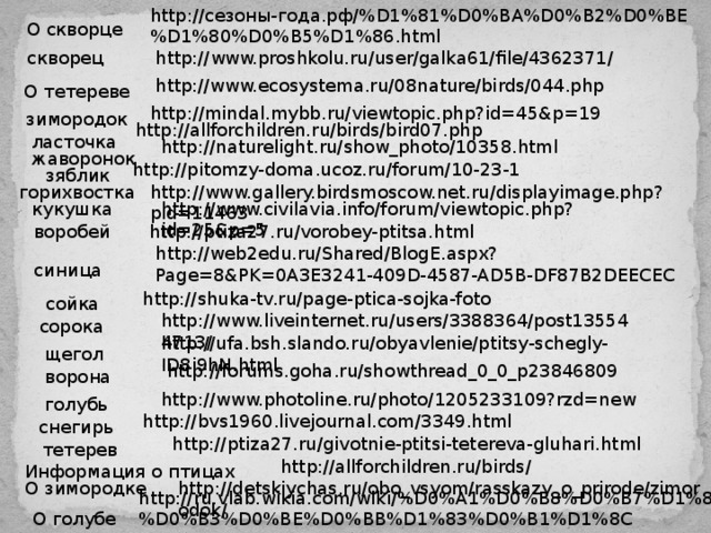 http://сезоны-года.рф/%D1%81%D0%BA%D0%B2%D0%BE%D1%80%D0%B5%D1%86.html О скворце http://www.proshkolu.ru/user/galka61/file/4362371/ скворец http://www.ecosystema.ru/08nature/birds/044.php О тетереве http://mindal.mybb.ru/viewtopic.php?id=45&p=19 зимородок http://allforchildren.ru/birds/bird07.php ласточка http://naturelight.ru/show_photo/10358.html жаворонок http://pitomzy-doma.ucoz.ru/forum/10-23-1 зяблик горихвостка http://www.gallery.birdsmoscow.net.ru/displayimage.php?pid=11463 http://www.civilavia.info/forum/viewtopic.php?id=25&p=5 кукушка http://ptiza27.ru/vorobey-ptitsa.html воробей http://web2edu.ru/Shared/BlogE.aspx?Page=8&PK=0A3E3241-409D-4587-AD5B-DF87B2DEECEC синица http://shuka-tv.ru/page-ptica-sojka-foto сойка http://www.liveinternet.ru/users/3388364/post135544713/ сорока http://ufa.bsh.slando.ru/obyavlenie/ptitsy-schegly-ID8i9hN.html щегол http://forums.goha.ru/showthread_0_0_p23846809 ворона http://www.photoline.ru/photo/1205233109?rzd=new голубь http://bvs1960.livejournal.com/3349.html снегирь http://ptiza27.ru/givotnie-ptitsi-tetereva-gluhari.html тетерев http://allforchildren.ru/birds/ Информация о птицах http://detskiychas.ru/obo_vsyom/rasskazy_o_prirode/zimorodok/ О зимородке http://ru.vlab.wikia.com/wiki/%D0%A1%D0%B8%D0%B7%D1%8B%D0%B9_%D0%B3%D0%BE%D0%BB%D1%83%D0%B1%D1%8C О голубе 