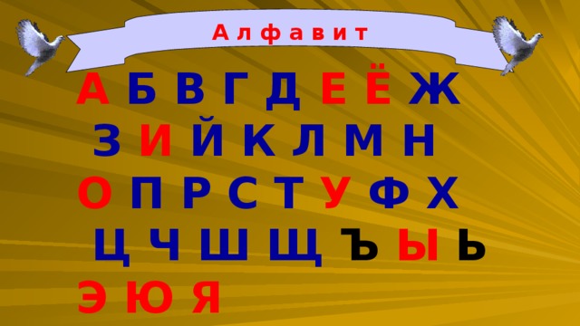 А л ф а в и т А  Б В Г Д  Е Ё  Ж  З  И  Й К Л М Н  О  П Р С Т  У  Ф Х  Ц Ч Ш Щ  Ъ  Ы  Ь  Э Ю Я 