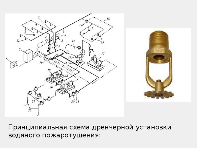 Принципиальная схема дренчерной установки водяного пожаротушения: 