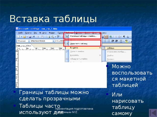 Вставка таблицы Можно воспользоваться макетной таблицей Границы таблицы можно сделать прозрачными Таблицы часто используют для выравнивания текста … Или нарисовать таблицу самому презентация подготовлена Никитиным М.Е. 