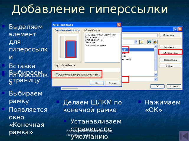 Добавление гиперссылки Выделяем элемент для гиперссылки Вставка гиперссылка Выбираем страницу Выбираем рамку Делаем ЩЛКМ по конечной рамке Нажимаем «ОК» Появляется окно «Конечная рамка» Устанавливаем страницу по умолчанию презентация подготовлена Никитиным М.Е. 