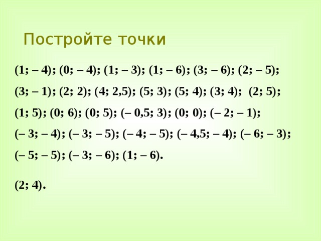 Постройте точки (1; – 4); (0; – 4); (1; – 3); (1; – 6); (3; – 6); (2; – 5); (3; – 1); (2; 2); (4; 2,5); (5; 3); (5; 4); (3; 4); (2; 5); (1; 5); (0; 6); (0; 5); (– 0,5; 3); (0; 0); (– 2; – 1); (– 3; – 4); (– 3; – 5); (– 4; – 5); (– 4,5; – 4); (– 6; – 3); (– 5; – 5); (– 3; – 6); (1; – 6).  (2; 4). 
