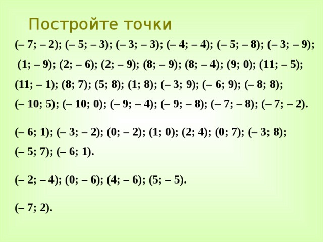 Постройте точки (– 7; – 2); (– 5; – 3); (– 3; – 3); (– 4; – 4); (– 5; – 8); (– 3; – 9);  (1; – 9); (2; – 6); (2; – 9); (8; – 9); (8; – 4); (9; 0); (11; – 5); (11; – 1); (8; 7); (5; 8); (1; 8); (– 3; 9); (– 6; 9); (– 8; 8); (– 10; 5); (– 10; 0); (– 9; – 4); (– 9; – 8); (– 7; – 8); (– 7; – 2).  (– 6; 1); (– 3; – 2); (0; – 2); (1; 0); (2; 4); (0; 7); (– 3; 8); (– 5; 7); (– 6; 1).  (– 2; – 4); (0; – 6); (4; – 6); (5; – 5).  (– 7; 2). 