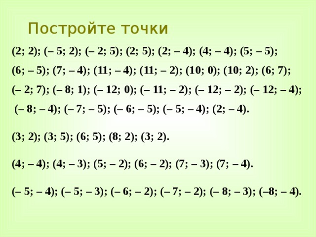 Постройте точки (2; 2); (– 5; 2); (– 2; 5); (2; 5); (2; – 4); (4; – 4); (5; – 5); (6; – 5); (7; – 4); (11; – 4); (11; – 2); (10; 0); (10; 2); (6; 7); (– 2; 7); (– 8; 1); (– 12; 0); (– 11; – 2); (– 12; – 2); (– 12; – 4);  (– 8; – 4); (– 7; – 5); (– 6; – 5); (– 5; – 4); (2; – 4).  (3; 2); (3; 5); (6; 5); (8; 2); (3; 2).  (4; – 4); (4; – 3); (5; – 2); (6; – 2); (7; – 3); (7; – 4).  (– 5; – 4); (– 5; – 3); (– 6; – 2); (– 7; – 2); (– 8; – 3); (–8; – 4). 