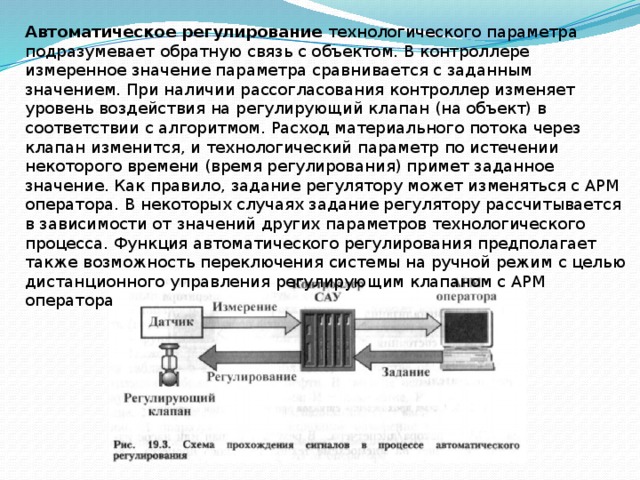 Автоматическое регулирование технологического параметра подразумевает обратную связь с объектом. В контроллере измеренное значение параметра сравнивается с заданным значением. При наличии рассогласования контроллер изменяет уровень воздействия на регулирующий клапан (на объект) в соответствии с алгоритмом. Расход материального потока через клапан изменится, и технологический параметр по истечении некоторого времени (время регулирования) примет заданное значение. Как правило, задание регулятору может изменяться с АРМ оператора. В некоторых случаях задание регулятору рассчитывается в зависимости от значений других параметров технологического процесса. Функция автоматического регулирования предполагает также возможность переключения системы на ручной режим с целью дистанционного управления регулирующим клапаном с АРМ оператора 