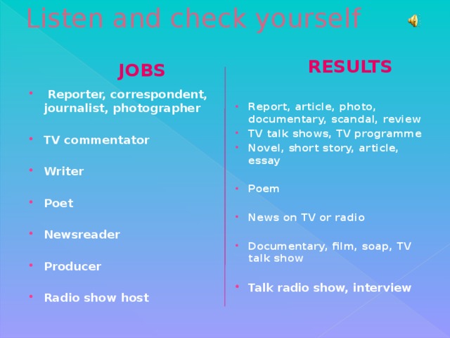 Listen and check yourself RESULTS JOBS  Reporter, correspondent, journalist, photographer Report, article, photo, documentary, scandal, review TV talk shows, TV programme Novel, short story, article, essay   Poem TV commentator   Writer News on TV or radio   Poet Documentary, film, soap, TV talk show   Newsreader Talk radio show, interview   Producer  Radio show host 