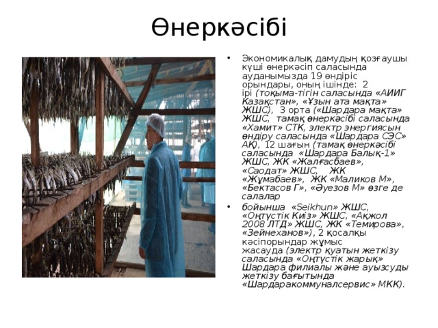 Өнеркәсібі   Экономикалық дамудың қозғаушы күші өнеркәсіп саласында ауданымызда 19 өндіріс орындары, оның ішінде:  2  ірі  (тоқыма-тігін саласында «АИИГ Казақстан», «Ұзын ата мақта» ЖШС),   3 орта  («Шардара мақта» ЖШС,  тамақ өнеркәсібі саласында «Хамит» СТК, электр энергиясын өндіру саласында «Шардара СЭС» АҚ),  12 шағын  (тамақ өнеркәсібі саласында  «Шардара Балық-1» ЖШС, ЖК «Жалғасбаев», «Саодат» ЖШС,    ЖК «Жұмабаев»,  ЖК «Маликов М», «Бектасов Г», «Әуезов М» өзге де салалар бойынша  «Seikhun» ЖШС,  «Оңтүстік Киіз» ЖШС, «Ақжол 2008 ЛТД» ЖШС, ЖК «Темирова», «Зейнеханов») , 2 қосалқы кәсіпорындар жұмыс жасауда  (электр қуатын жеткізу саласында «Оңтүстік жарық» Шардара филиалы және ауызсуды жеткізу бағытында «Шардаракоммуналсервис» МКК).  