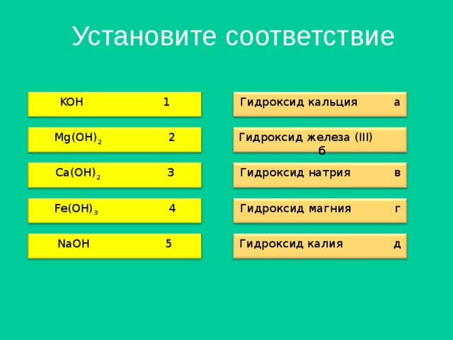 Установите соответствие KOH 1 Гидроксид кальция а Mg(OH) 2 2 Гидроксид железа (III) б Ca(OH) 2 3 Гидроксид натрия в Гидроксид магния г Fe(OH) 3 4 NaOH 5 Гидроксид калия д 