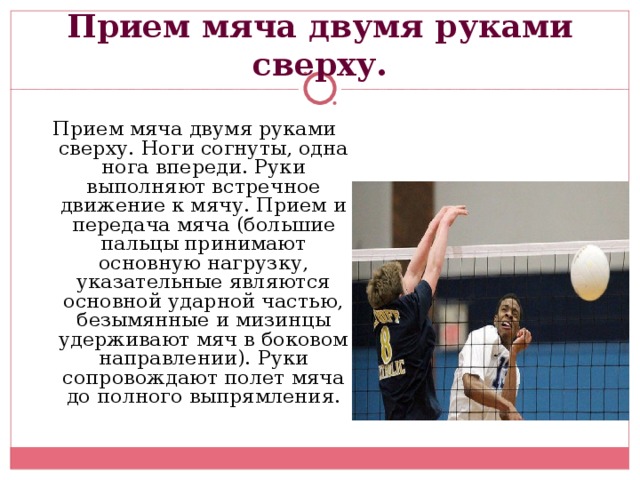 Прием мяча двумя руками сверху. Прием мяча двумя руками сверху. Ноги согнуты, одна нога впереди. Руки выполняют встречное движение к мячу. Прием и передача мяча (большие пальцы принимают основную нагрузку, указательные являются основной ударной частью, безымянные и мизинцы удерживают мяч в боковом направлении). Руки сопровождают полет мяча до полного выпрямления. 