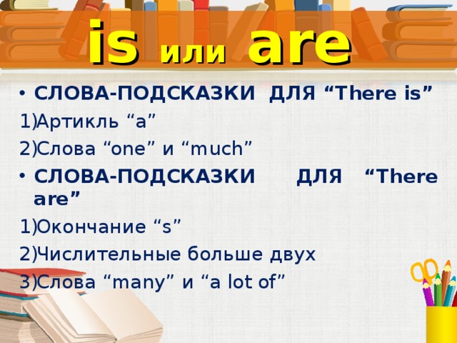 is или  are СЛОВА-ПОДСКАЗКИ  ДЛЯ “There is” Артикль “a” Слова “one” и “much” СЛОВА-ПОДСКАЗКИ ДЛЯ “There are” Окончание “s” Числительные больше двух Слова “many” и “a lot of”  