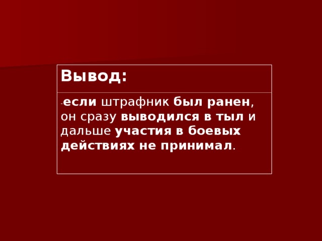 Вывод: - если штрафник был ранен , он сразу выводился в тыл и дальше участия в боевых действиях не принимал . 