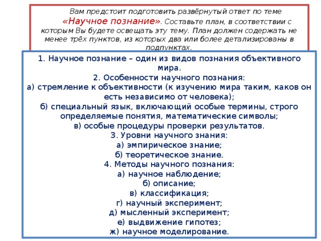 Вам предстоит подготовить развёрнутый ответ по теме «Научное познание» . Составьте план, в соответствии с которым Вы будете освещать эту тему. План должен содержать не менее трёх пунктов, из которых два или более детализированы в подпунктах. 1. Научное познание – один из видов познания объективного мира. 2. Особенности научного познания: а) стремление к объективности (к изучению мира таким, каков он есть независимо от человека); б) специальный язык, включающий особые термины, строго определяемые понятия, математические символы; в) особые процедуры проверки результатов. 3. Уровни научного знания: а) эмпирическое знание; б) теоретическое знание. 4. Методы научного познания: а) научное наблюдение; б) описание; в) классификация; г) научный эксперимент; д) мысленный эксперимент; е) выдвижение гипотез; ж) научное моделирование. 