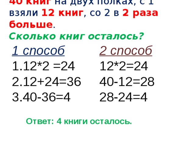 40 книг на двух полках, с 1 взяли 12 книг , со 2 в 2 раза больше .  Сколько книг осталось? 1 способ 2 способ 12*2 =24 12+24=36 40-36=4 12*2=24 40-12=28 28-24=4 Ответ: 4 книги осталось. 