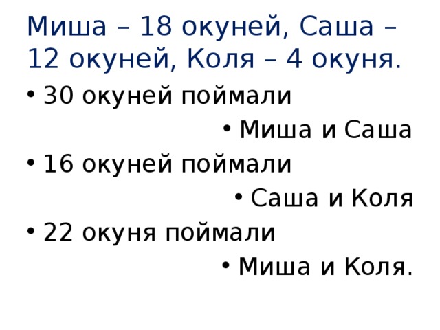 Миша – 18 окуней, Саша – 12 окуней, Коля – 4 окуня. 30 окуней поймали Миша и Саша 16 окуней поймали Саша и Коля 22 окуня поймали Миша и Коля. 