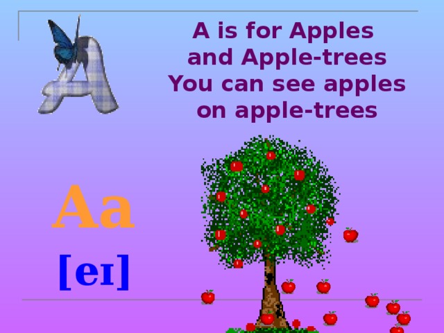 A is for Apples  and Apple-trees  You can see apples on apple-trees Aa [eɪ] 