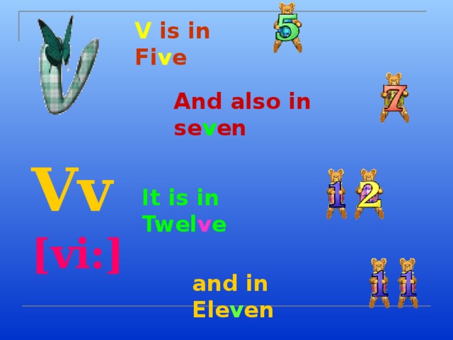 V is in Fi v e And also in se v en  Vv  [vi:]  It is in Twel v e and in Ele v en 
