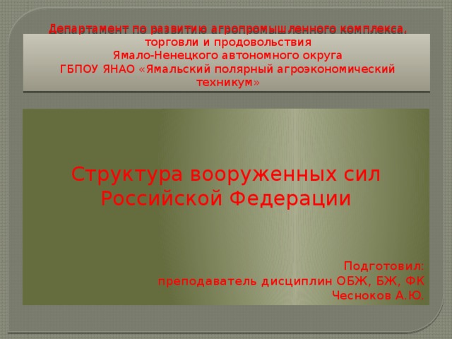 Департамент по развитию агропромышленного комплекса,  торговли и продовольствия  Ямало-Ненецкого автономного округа  ГБПОУ ЯНАО «Ямальский полярный агроэкономический техникум» Структура вооруженных сил Российской Федерации Подготовил: преподаватель дисциплин ОБЖ, БЖ, ФК Чесноков А.Ю. 
