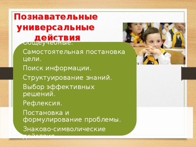 Познавательные универсальные действия Общеучебные: Самостоятельная постановка цели. Поиск информации. Структуирование знаний. Выбор эффективных решений. Рефлексия. Постановка и формулирование проблемы. Знаково-символические действия. 9 