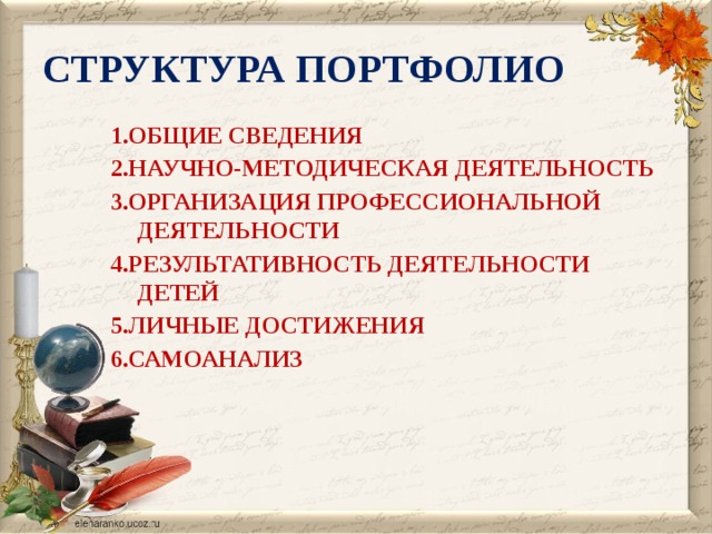 СТРУКТУРА ПОРТФОЛИО 1.ОБЩИЕ СВЕДЕНИЯ 2.НАУЧНО-МЕТОДИЧЕСКАЯ ДЕЯТЕЛЬНОСТЬ 3.ОРГАНИЗАЦИЯ ПРОФЕССИОНАЛЬНОЙ ДЕЯТЕЛЬНОСТИ 4.РЕЗУЛЬТАТИВНОСТЬ ДЕЯТЕЛЬНОСТИ ДЕТЕЙ 5.ЛИЧНЫЕ ДОСТИЖЕНИЯ 6.САМОАНАЛИЗ   