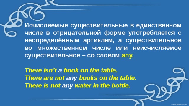 Исчисляемые существительные в единственном числе в отрицательной форме употребляется с неопределённым артиклем, а существительное во множественном числе или неисчисляемое существительное – со словом any.  There isn’t a book on the table. There are not any books on the table. There is not any water in the bottle. 
