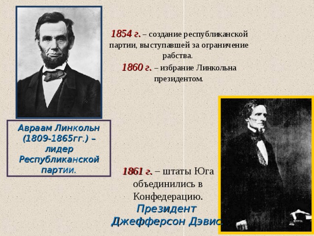 1854 г. – создание республиканской партии, выступавшей за ограничение рабства. 1860 г. – избрание Линкольна президентом. Авраам Линкольн (1809-1865гг.) – лидер Республиканской партии. 1861 г. – штаты Юга объединились в Конфедерацию. Президент Джефферсон Дэвис. 
