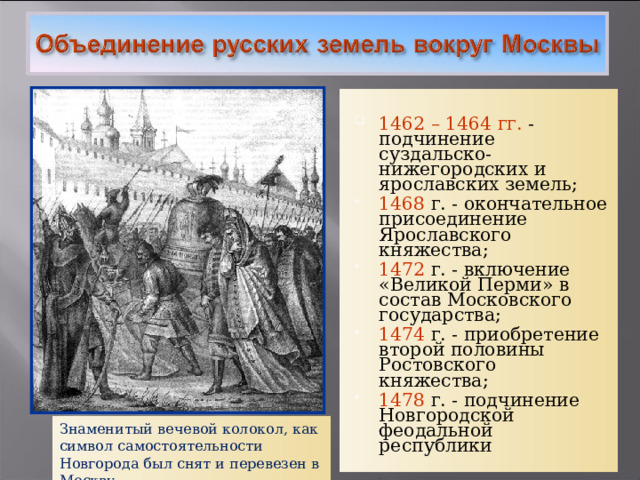 1462 – 1464 гг. - подчинение суздальско- нижегородских и ярославских земель; 1468  г. - окончательное присоединение Ярославского княжества; 1472  г. - включение «Великой Перми» в состав Московского государства; 1474  г. - приобретение второй половины Ростовского княжества; 1478  г. - подчинение Новгородской феодальной республики Знаменитый вечевой колокол, как символ самостоятельности Новгорода был снят и перевезен в Москву. 