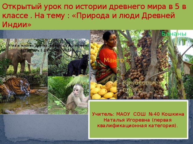 Открытый урок по истории древнего мира в 5 в классе . На тему : «Природа и люди Древней Индии» Учитель: МАОУ СОШ №40 Кошкина Наталья Игоревна (первая квалификационная категория). 