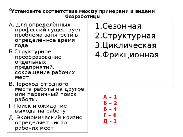 4 Установите соответствие между примерами и видами безработицы А. Для определённых профессий существует проблема занятости в определённое время года Б.Структурное преобразование отдельных предприятий, сокращение рабочих мест. В.Переход от одного места работы на другое или первичный поиск работы. Г.Поиск и ожидание выхода на работу Д. Экономический кризис определяет число рабочих мест 1.Сезонная 2.Структурная 3.Циклическая 4.Фрикционная А – 1 Б – 2 В – 4 Г – 4 Д - 3 