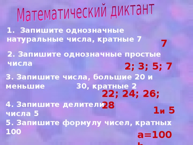 1. Запишите однозначные натуральные числа, кратные 7 7   2. Запишите однозначные простые числа 2; 3; 5; 7 3. Запишите числа, большие 20 и меньшие 30, кратные 2 22; 24; 26; 28 4. Запишите делители числа 5 1 и 5 5. Запишите формулу чисел, кратных 100 a=100b 