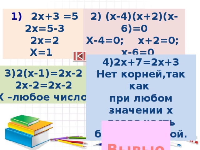 2х+3 =5 2) (х-4)(х+2)(х-6)=0 2х=5-3 Х-4=0; х+2=0; х-6=0 2х=2 Х=4; х=-2; х=6. Х=1 4)2х+7=2х+3 Нет корней,так как при любом значении х левая часть больше правой. 3)2(х-1)=2х-2 2х-2=2х-2 Х –любое число.  Вывыод? 
