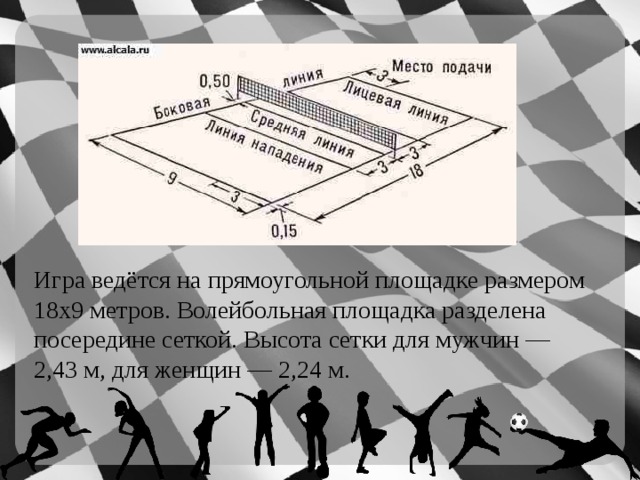 Игра ведётся на прямоугольной площадке размером 18х9 метров. Волейбольная площадка разделена посередине сеткой. Высота сетки для мужчин — 2,43 м, для женщин — 2,24 м. 