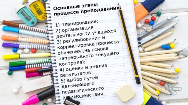 Основные этапы процесса преподавания: 1) планирование; 2) организация деятельности учащихся; 3) регулирование и корректировка процесса обучения (на основе непрерывного текущего контроля); 4) оценка и анализ результатов; 5) выбор путей дальнейшего педагогического взаимодействия. 