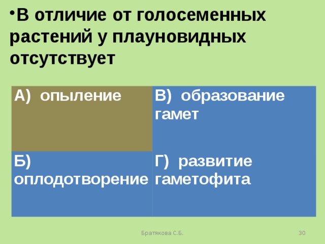 В отличие от голосеменных растений у плауновидных отсутствует А) опыление В) образование гамет Б) оплодотворение Г) развитие гаметофита Братякова С.Б.  