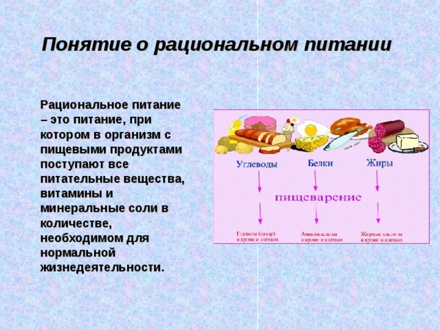 Понятие о рациональном питании    Рациональное питание – это питание, при котором в организм с пищевыми продуктами поступают все питательные вещества, витамины и минеральные соли в количестве, необходимом для нормальной жизнедеятельности.   Рациональное питание – это питание, при котором в организм с пищевыми продуктами поступают все питательные вещества, витамины и минеральные соли в количестве, необходимом для нормальной жизнедеятельности.  