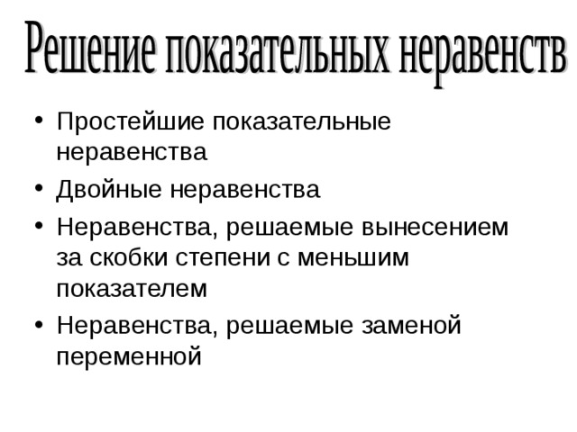 Простейшие показательные неравенства Двойные неравенства Неравенства, решаемые вынесением за скобки степени с меньшим показателем Неравенства, решаемые заменой переменной 
