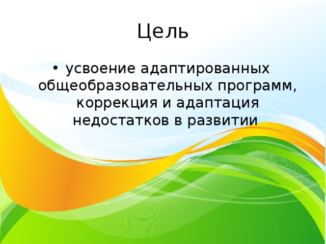Цель усвоение адаптированных общеобразовательных программ, коррекция и адаптация недостатков в развитии 