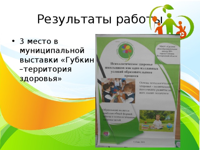 Результаты работы 3 место в муниципальной выставки «Губкин –территория здоровья» 