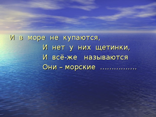 И в море не купаются,  И нет у них щетинки,  И всё-же называются  Они – морские ……………. 